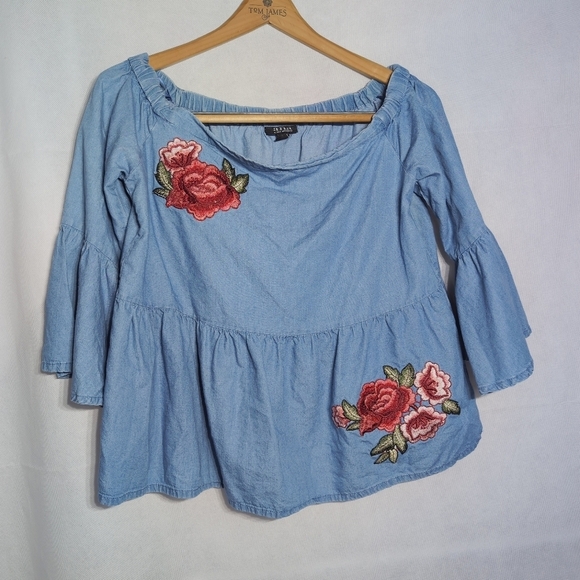 Ana Sz S Off The Shoulder Blue Denim Floral Embroidered Women's Top - Picture 6 of 6